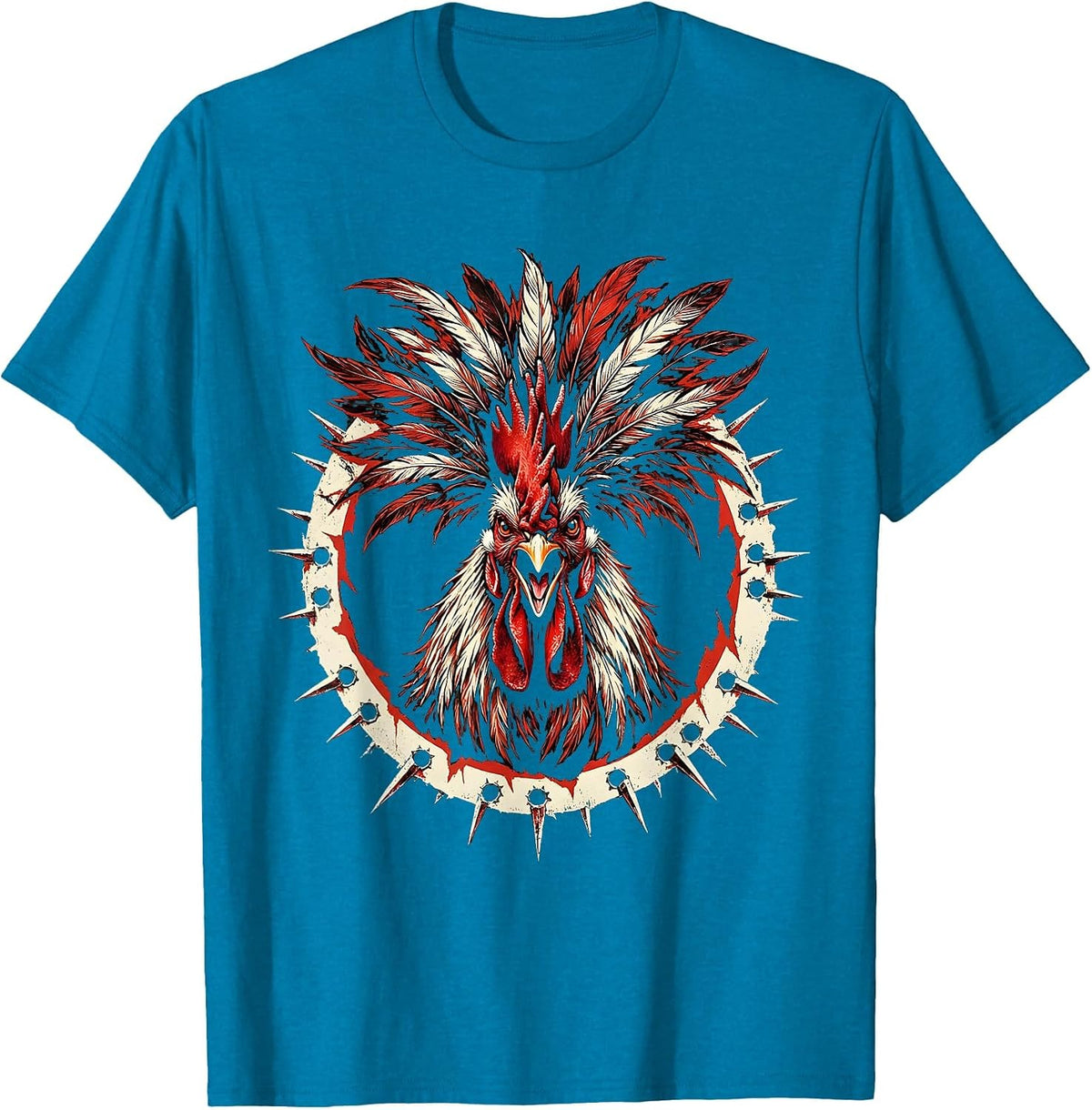 Rooster King Feather Crown Illustration T-Shirt - Sapphire Blue