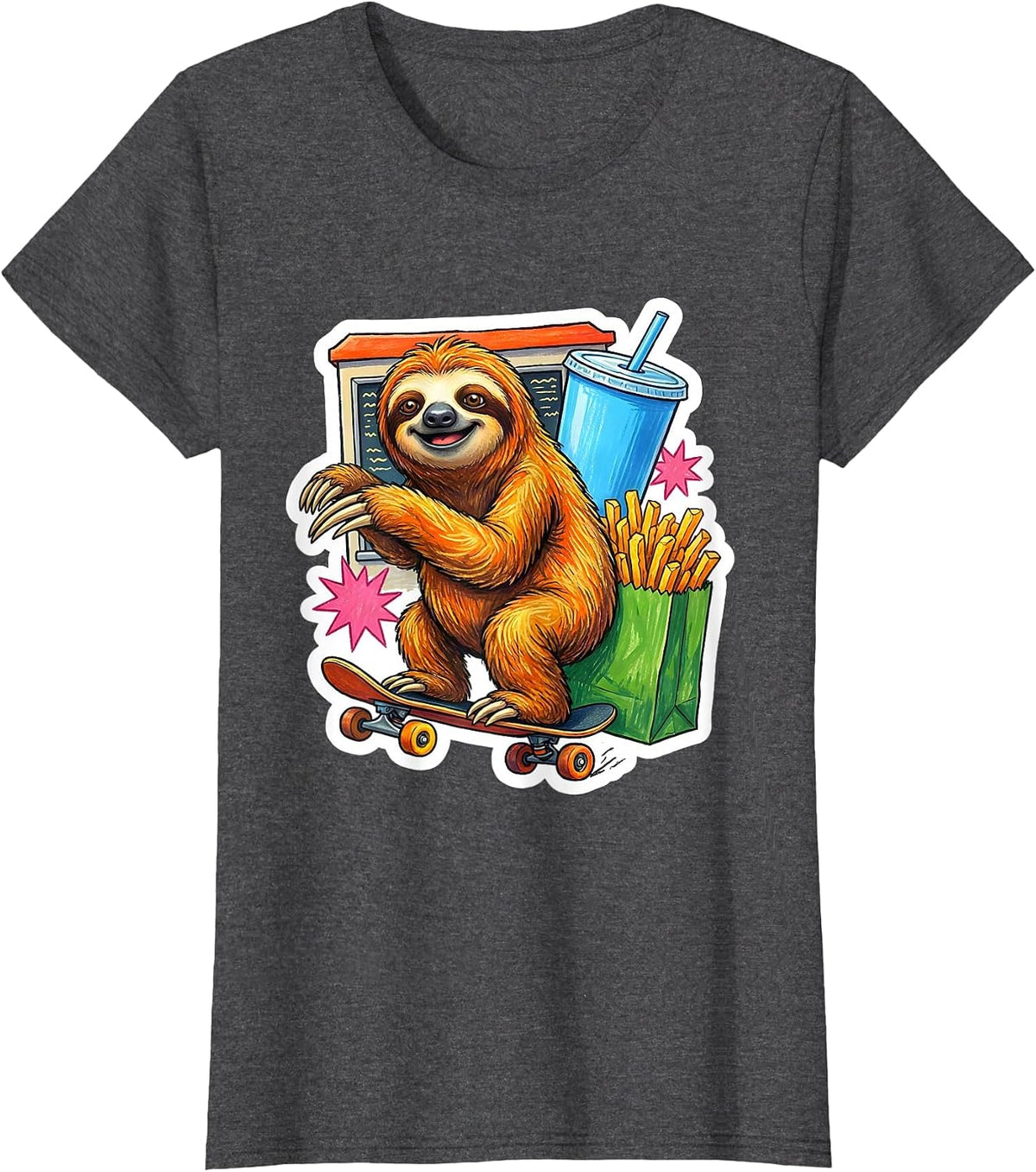 Women's Lazy Sloth Fast Food Drive-Through Skateboard T-Shirt - Dark Heather Grey
