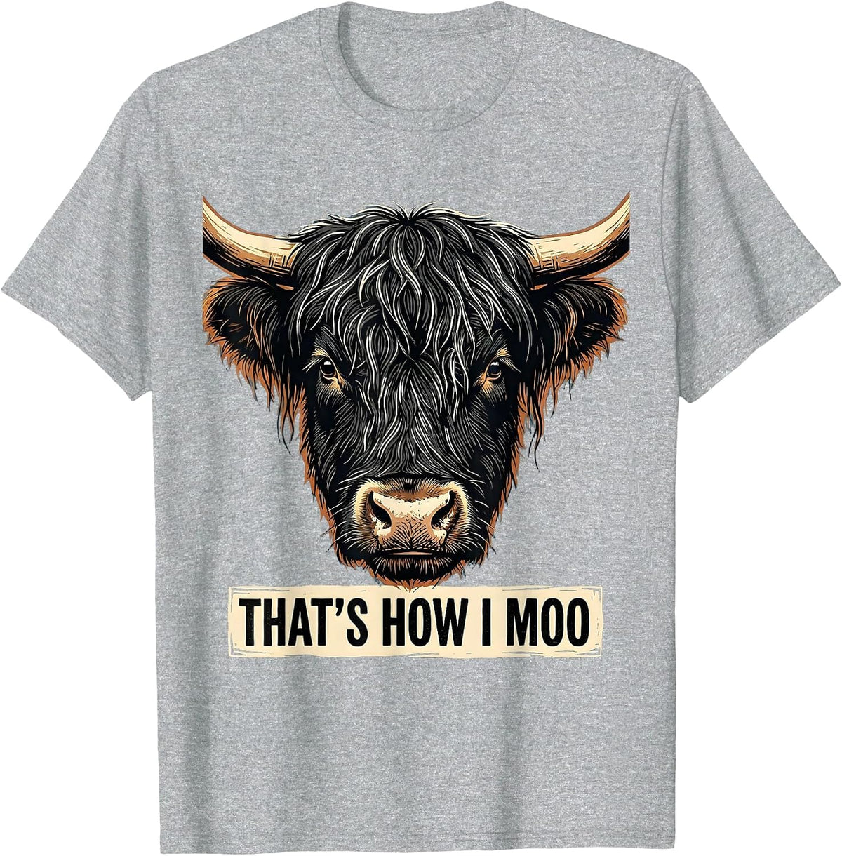Men's That's How I Moo Funny Highland Cow Linocut Floral Humor T-Shirt - Heather Grey