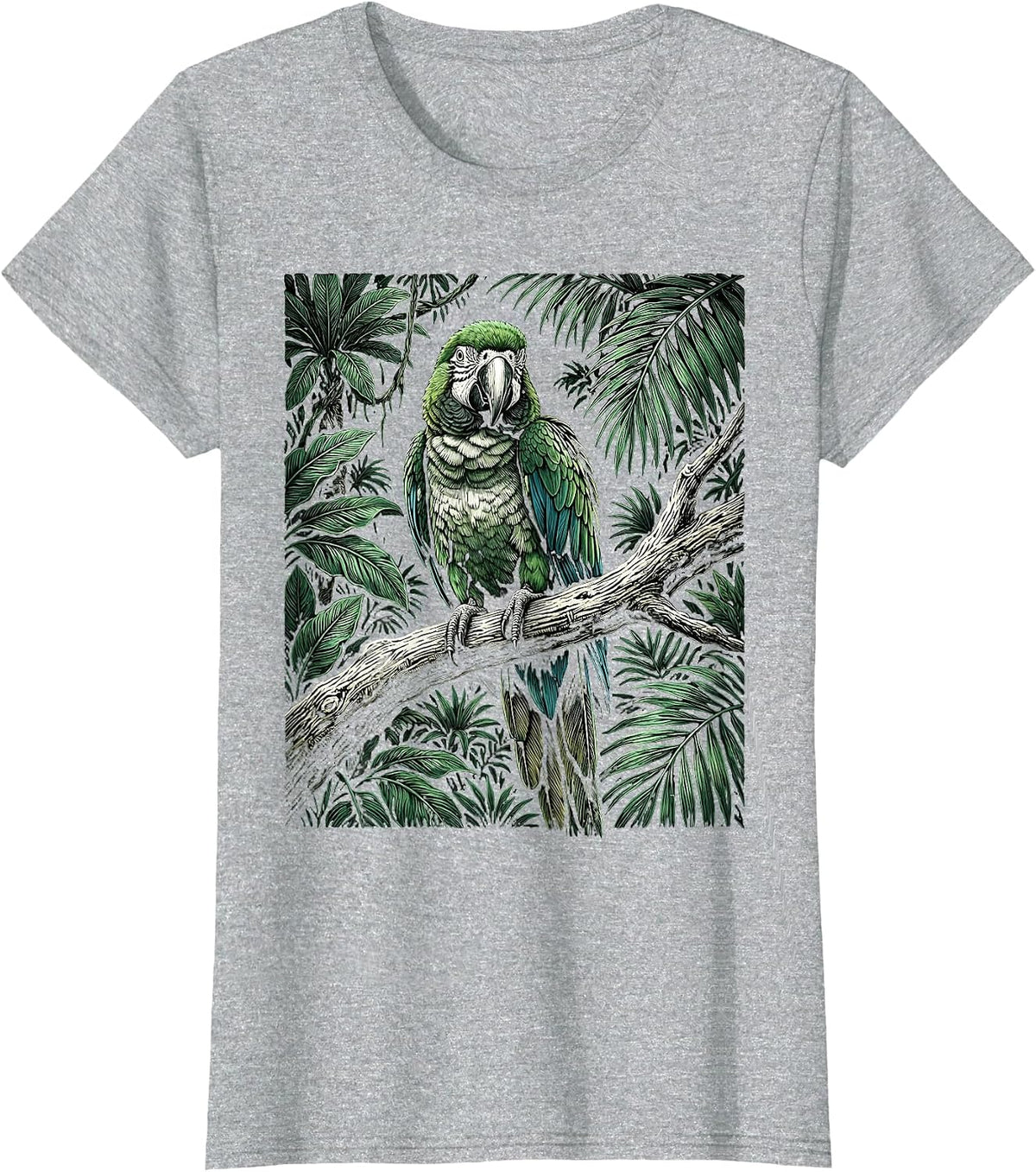Women's Parakeet on Tropical Jungle Branch Illustration T-Shirt - Heather Grey