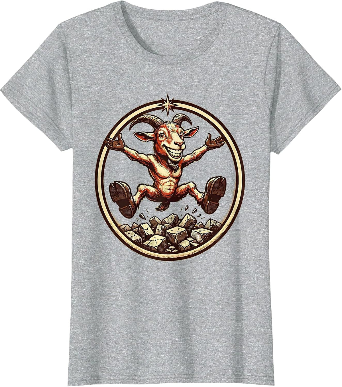 Goat Mid-Leap Over Crumbling Stone Wall T-Shirt - Heather Grey