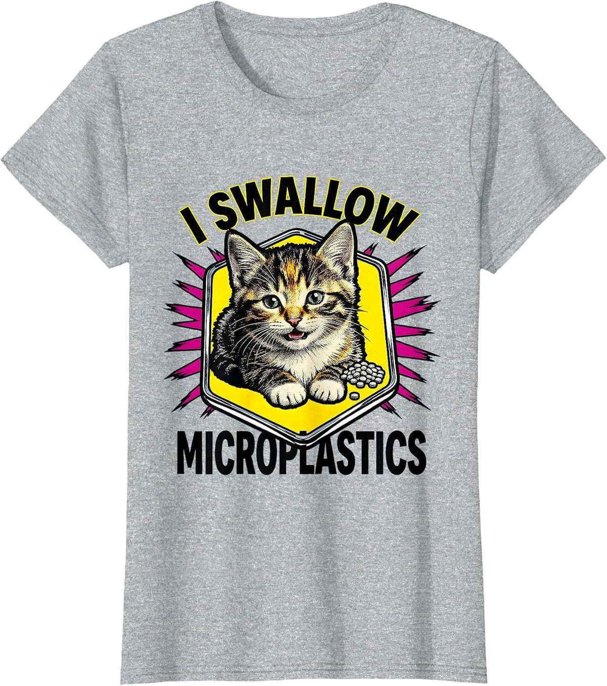 I Swallow Microplastics Pop Art Cat Meme Humor T-Shirt - Heather Grey