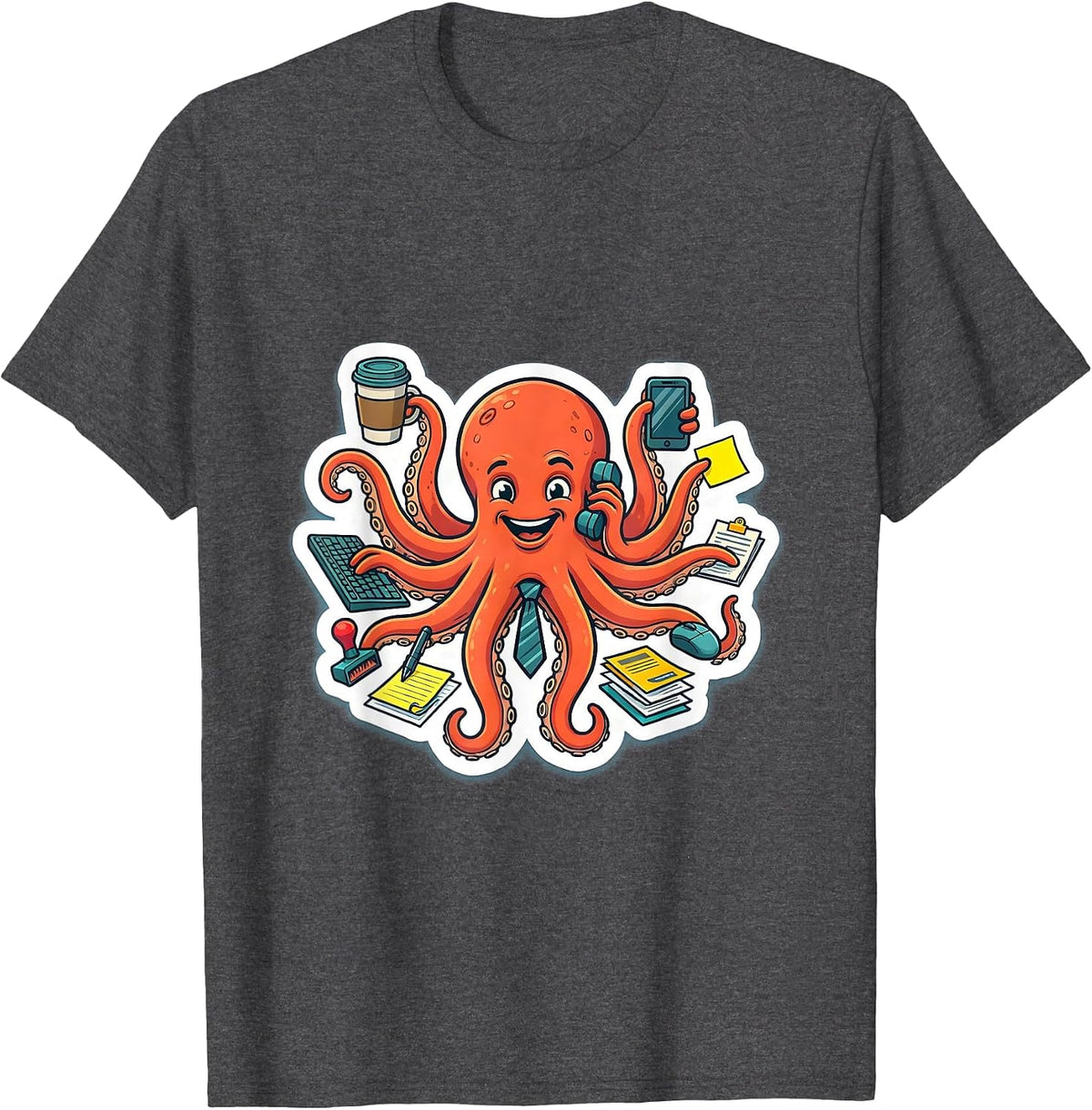 Funny Octopus Multitasking Office Jobs Illustration T-Shirt - Dark Heather Grey