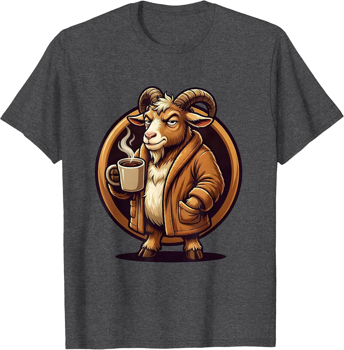 Men's Goat in Bathrobe Morning Coffee Funny Illustration T-Shirt - Dark Heather Grey