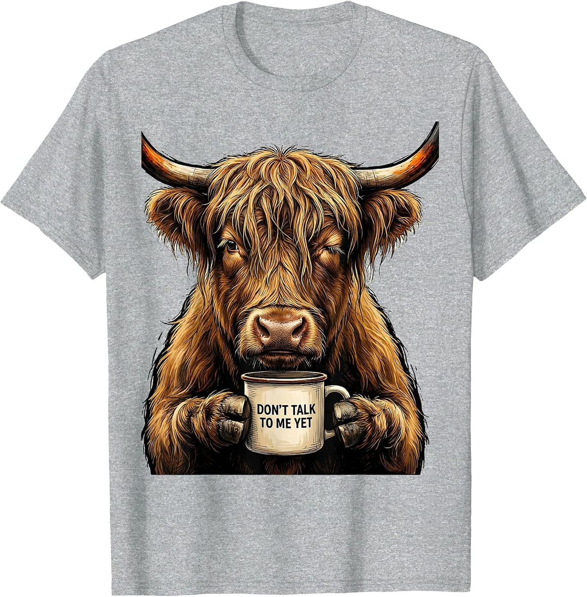 Men's Don't Talk To Me Yet Funny Highland Cow Coffee Lover Graphic T-Shirt - Heather Grey