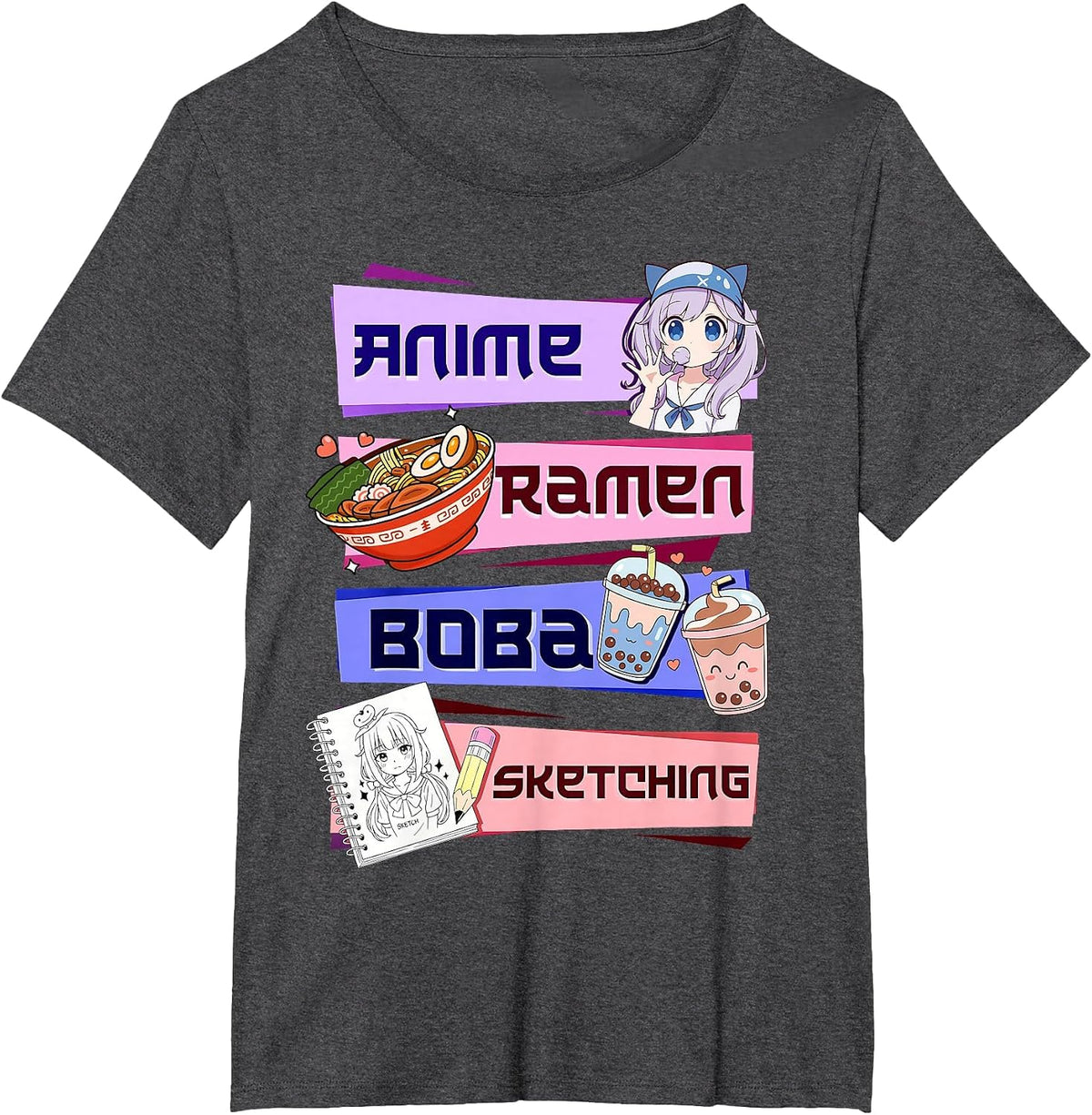 Anime Girl Ramen Boba Tea Bubble Tea Sketching Japanese T-Shirt - Dark Heather Grey