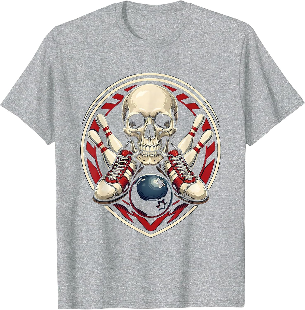 Men's Skull Bowling Shoes Graphic Tee T-Shirt - Heather Grey