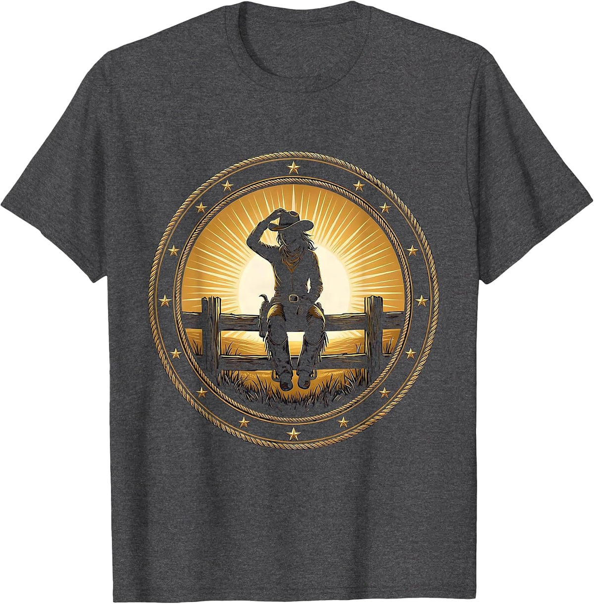 Cowgirl Sitting on Fence Watching Sunrise T-Shirt - Dark Heather Grey