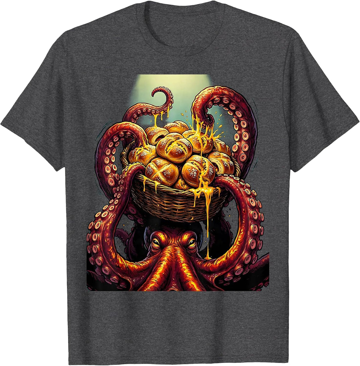 Octopus Cheesy Bread Basket Funny Food Art T-Shirt - Dark Heather Grey