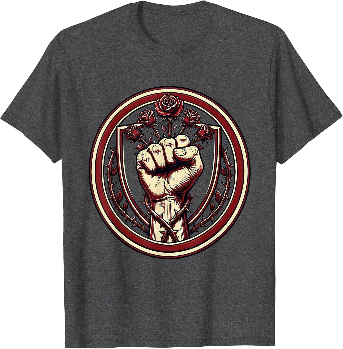 Clenched Fist With Roses Graphic Design T-Shirt - Dark Heather Grey