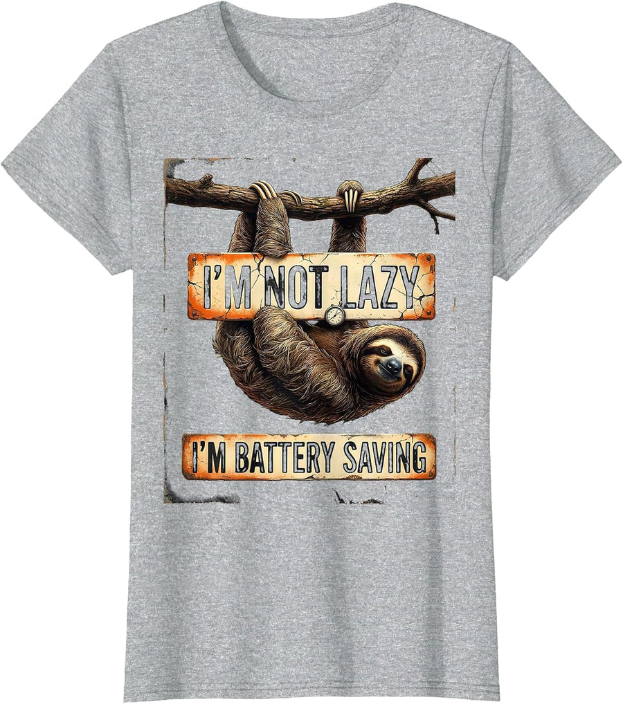 I'm Not Lazy, I'm Battery Saving Funny Sloth Humor Animal T-Shirt, Women, Heather Grey, X-Large - As Pictured