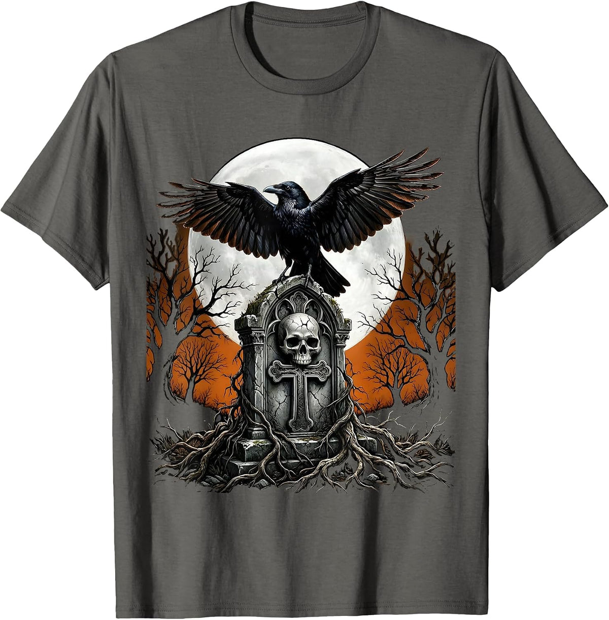 Men's Gothic Crow on Gravestone Halloween Design T-Shirt - Asphalt Grey