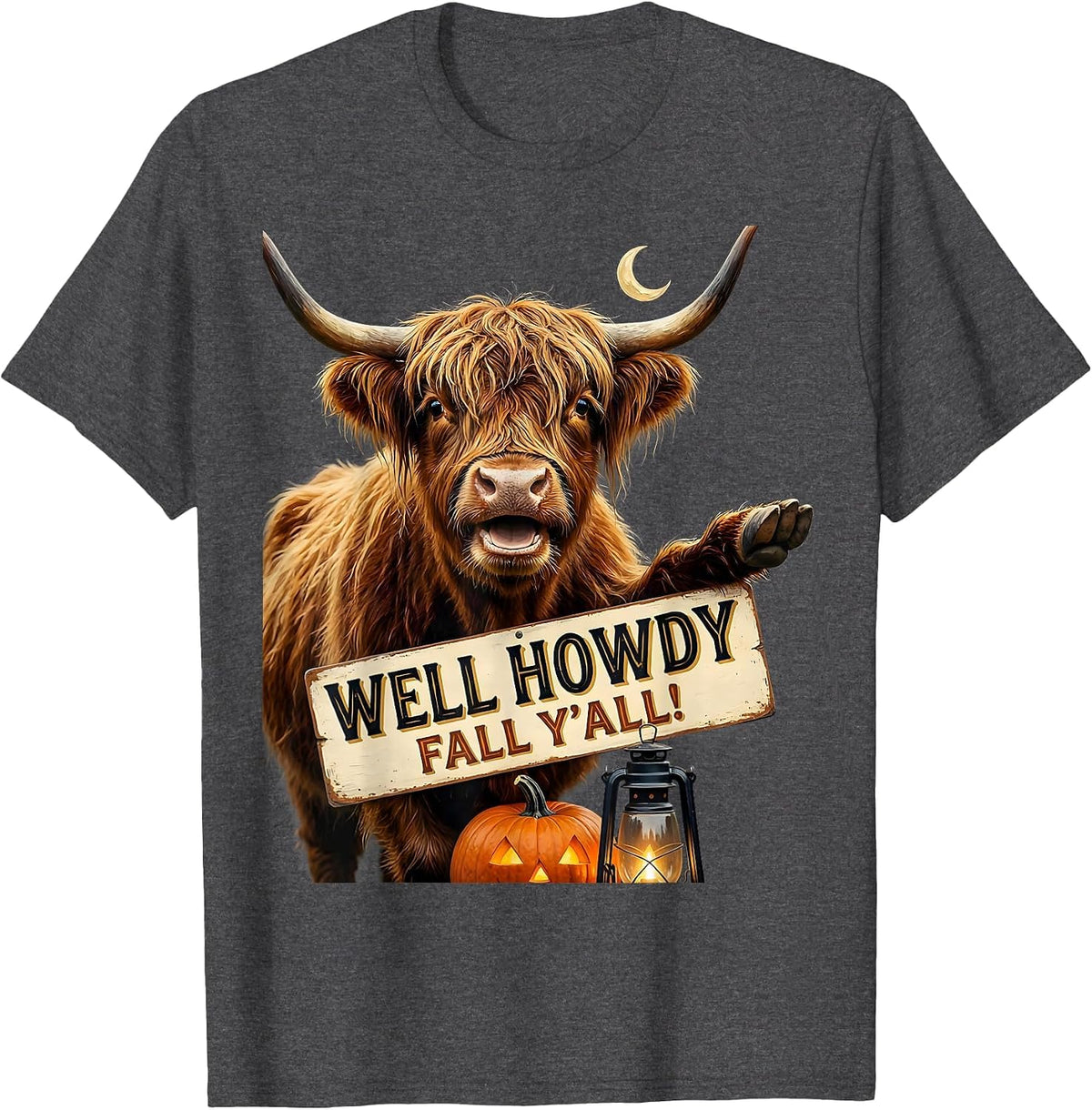 Men's Well Howdy, Fall Y'all! Whimsical Highland Cow Halloween T-Shirt - Dark Heather Grey