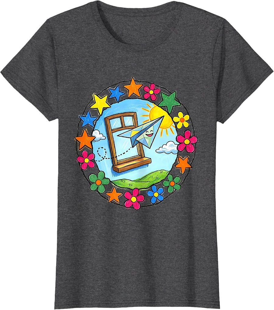 Women's Preschool Teacher Paper Airplane Classroom Art T-Shirt - Dark Heather Grey