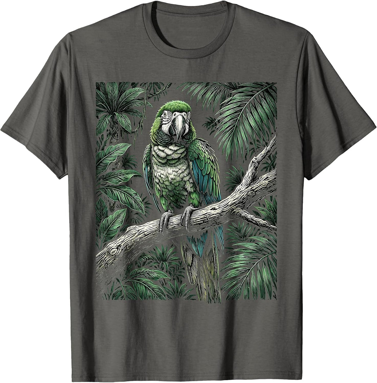 Men's Parakeet on Tropical Jungle Branch Illustration T-Shirt - Asphalt Grey