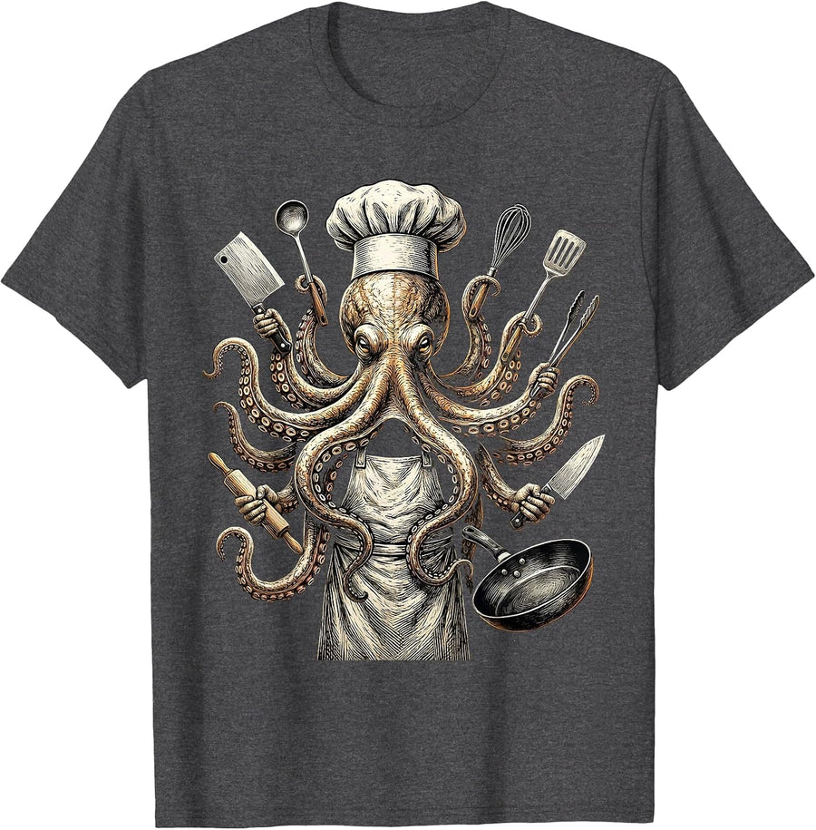 Men's Octopus Chef Holding Eight Kitchen Tools T-Shirt - Dark Heather Grey