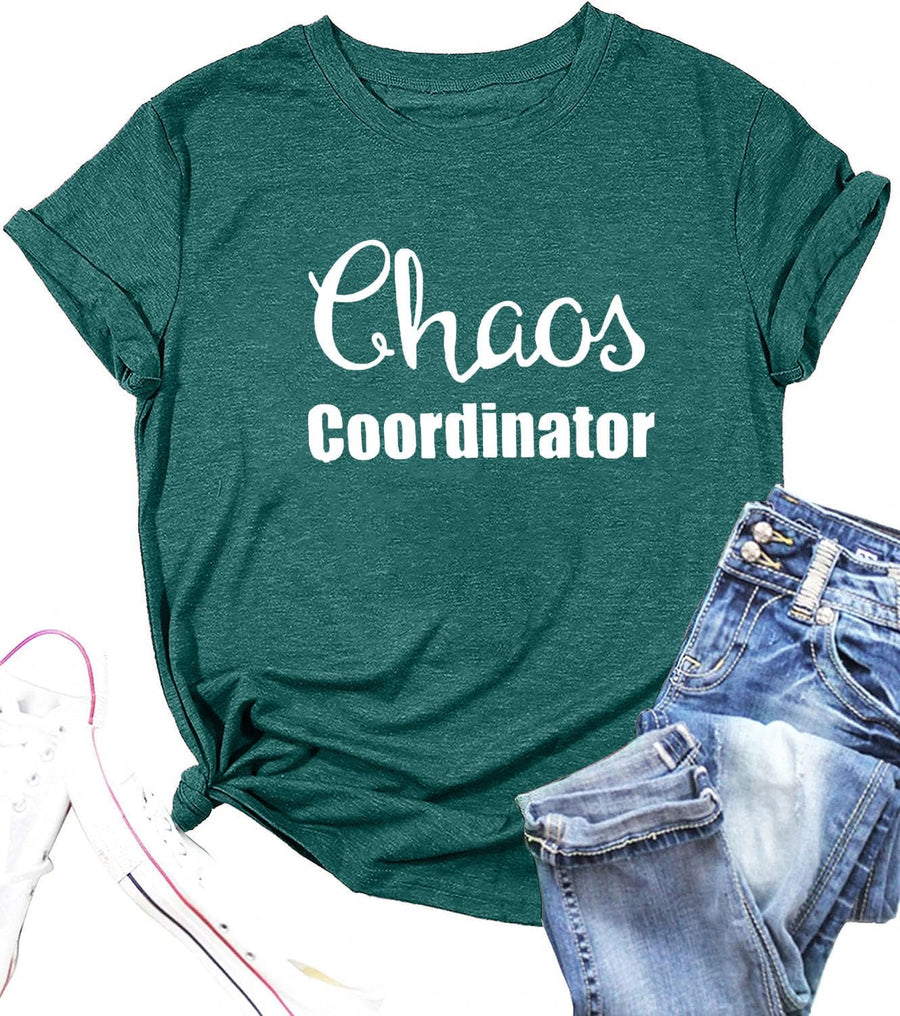 Women Chaos Coordinator Letter Printed Comfortable Crew Neck T-Shirt Funny Short Sleeve Tops Tee Shirt - Darkgreen