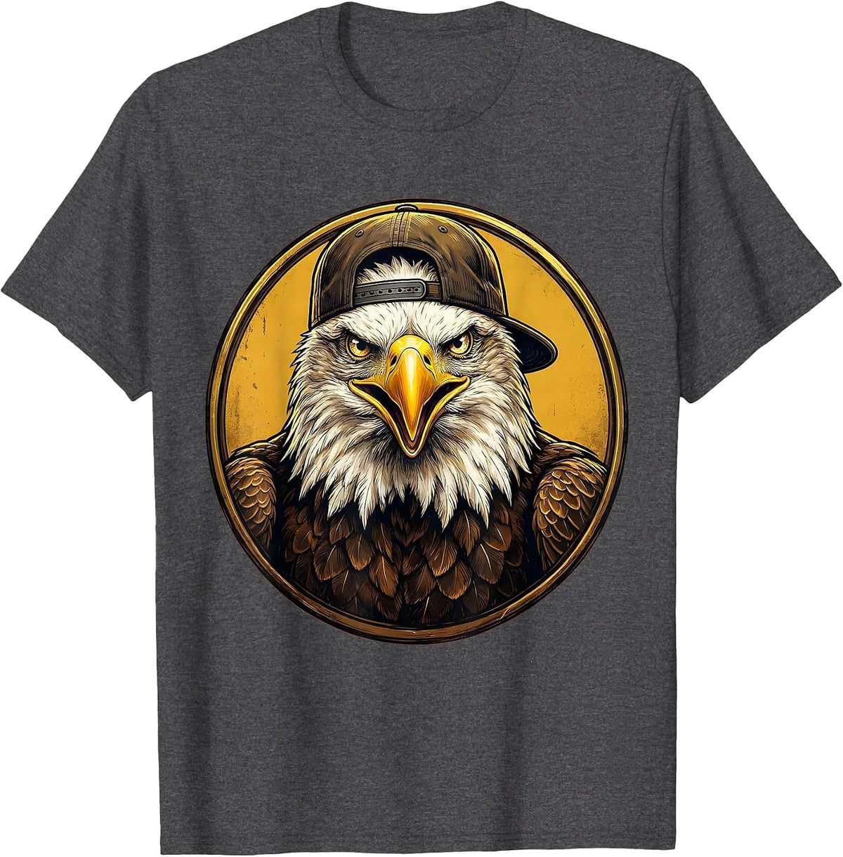 Bald Eagle Backwards Baseball Cap Funny Graphic T-Shirt - Dark Heather Grey
