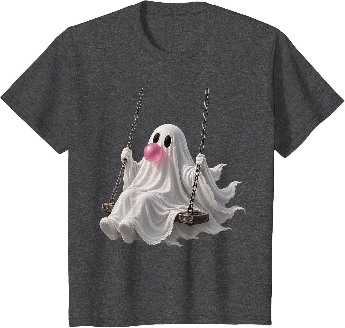 Ghost on Swing Blowing Bubble Gum Spooky Halloween Girly T-Shirt - Dark Heather Grey