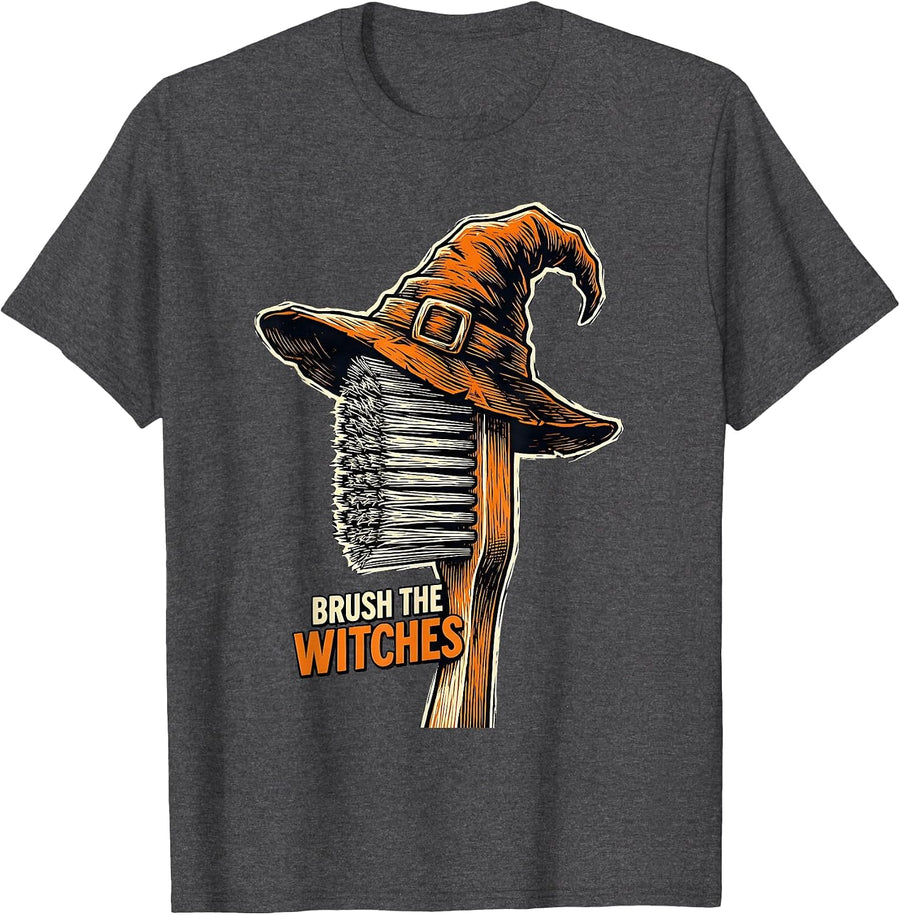 Men's Brush the Witches Linocut Funny Dental Halloween Costume T-Shirt - Dark Heather Grey