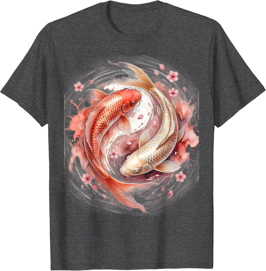 Men's Koi Fish Pink Water Breast Cancer Awareness Design T-Shirt - Dark Heather Grey