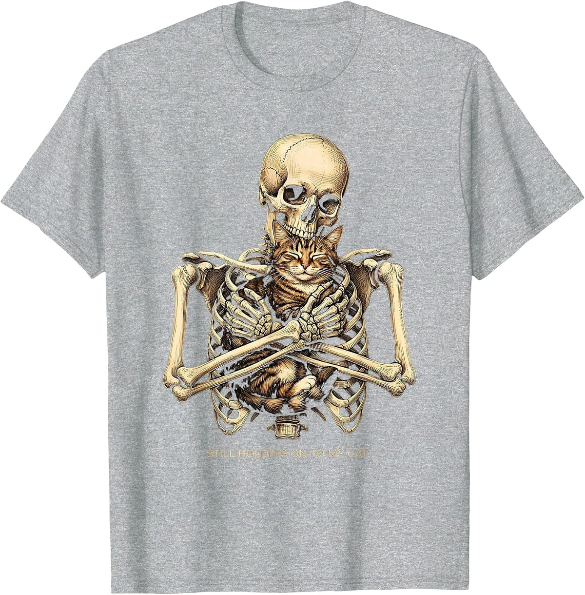 Men's Still Holding On To My Cat Funny Skeleton Hugging Cat T-Shirt - Heather Grey