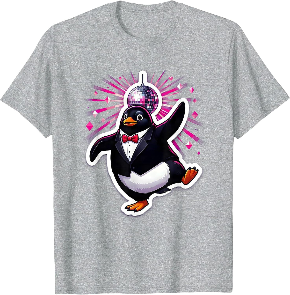 Men's Penguin in Tuxedo Dancing Under Disco Ball T-Shirt - Heather Grey