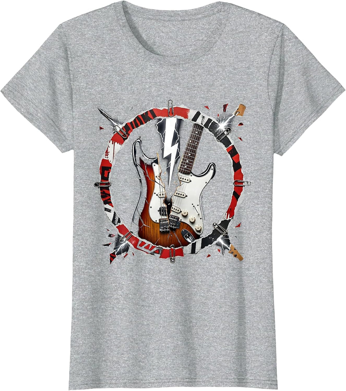 Women's Lightning Bolt Strikes Electric Guitar Rock Art T-Shirt - Heather Grey