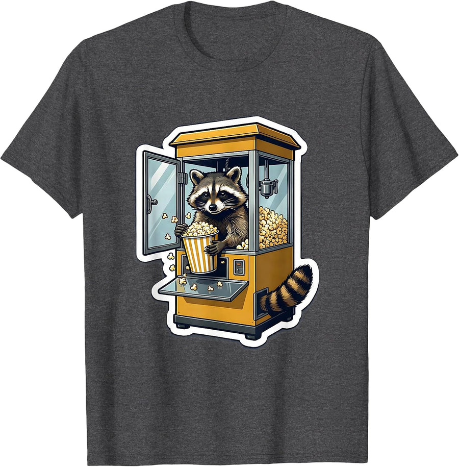 Men's Masked Raccoon Popcorn Machine Absurd Humor Sticker Style T-Shirt - Dark Heather Grey