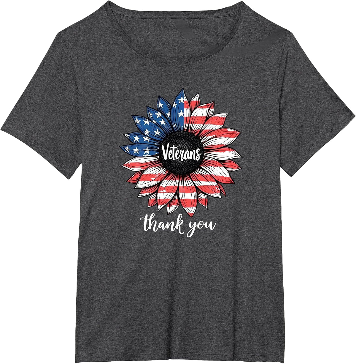 Thank You Veterans Sunflower US America Flag Patriotic Women T-Shirt - Dark Heather Grey