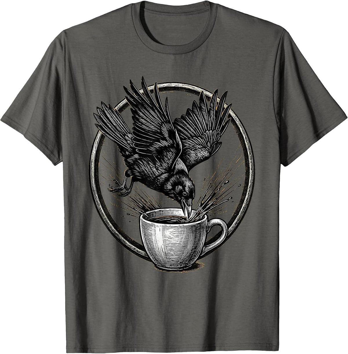 Men's Crow Diving Into Coffee Mug Funny Bird Art T-Shirt - Asphalt Grey