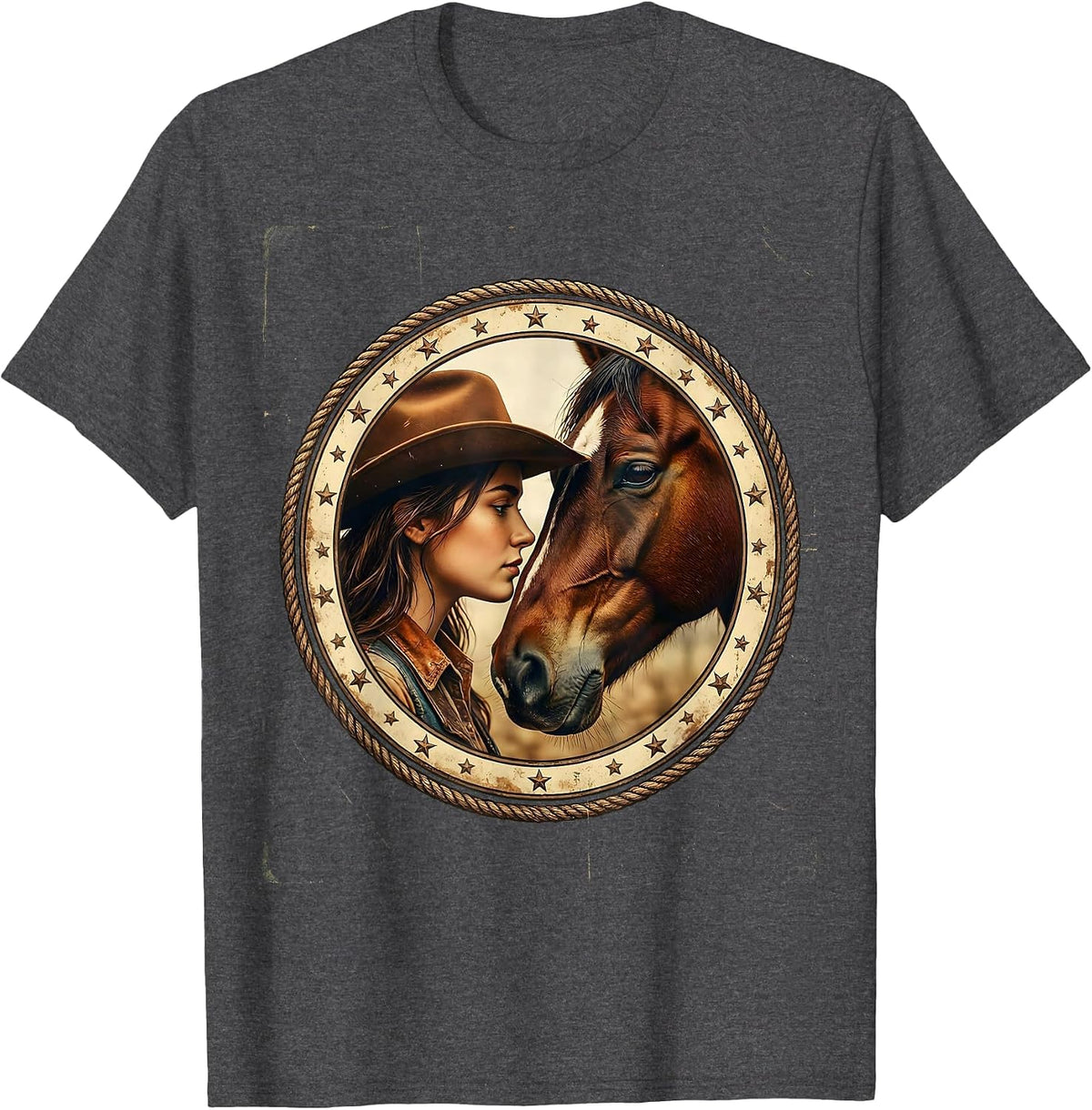 Cowgirl and Horse Nose-to-Nose Portrait Rodeo T-Shirt - Dark Heather Grey