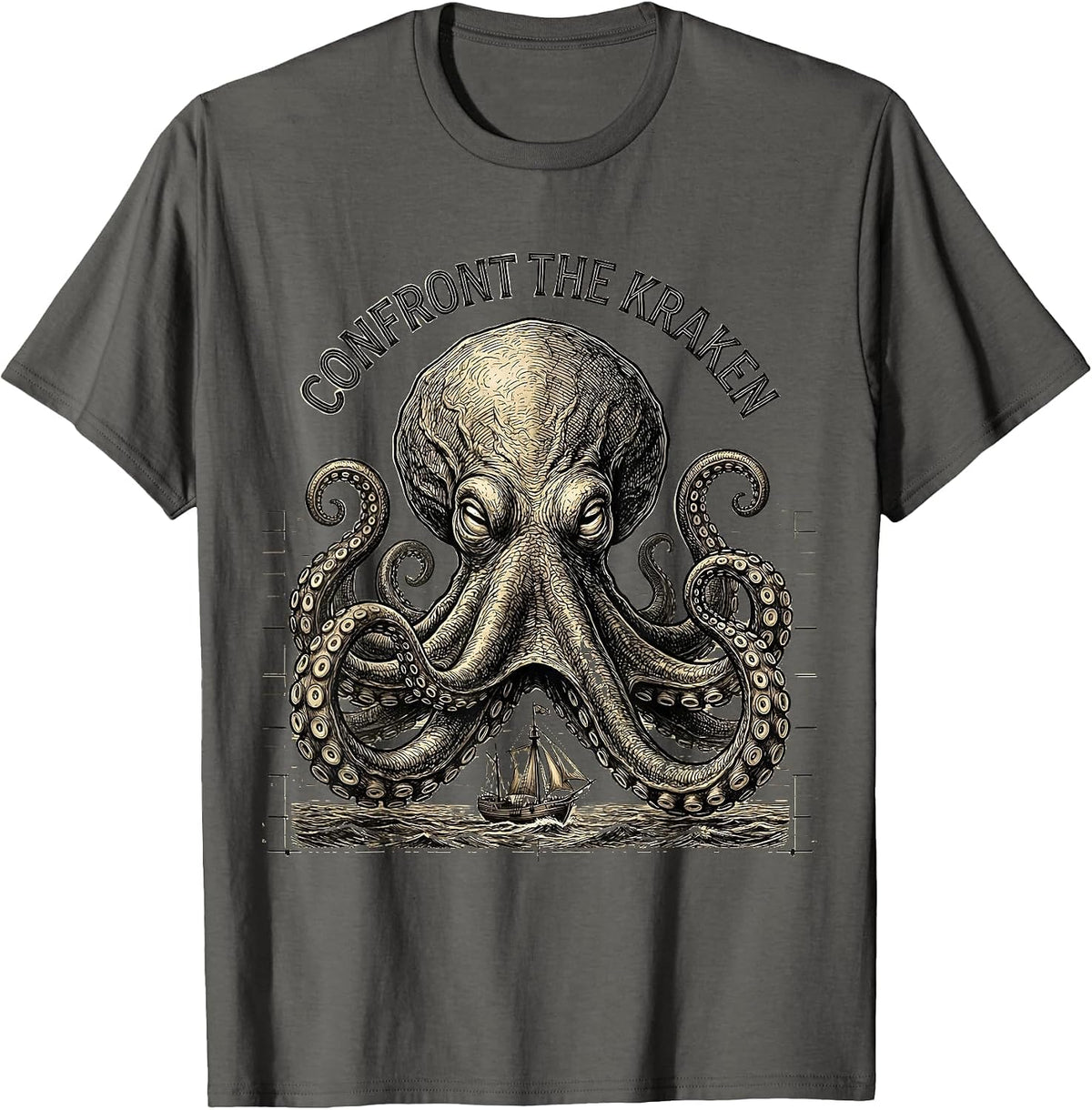 Confront The Kraken Vintage Illustration Octopus Lover Sea T-Shirt - Asphalt Grey