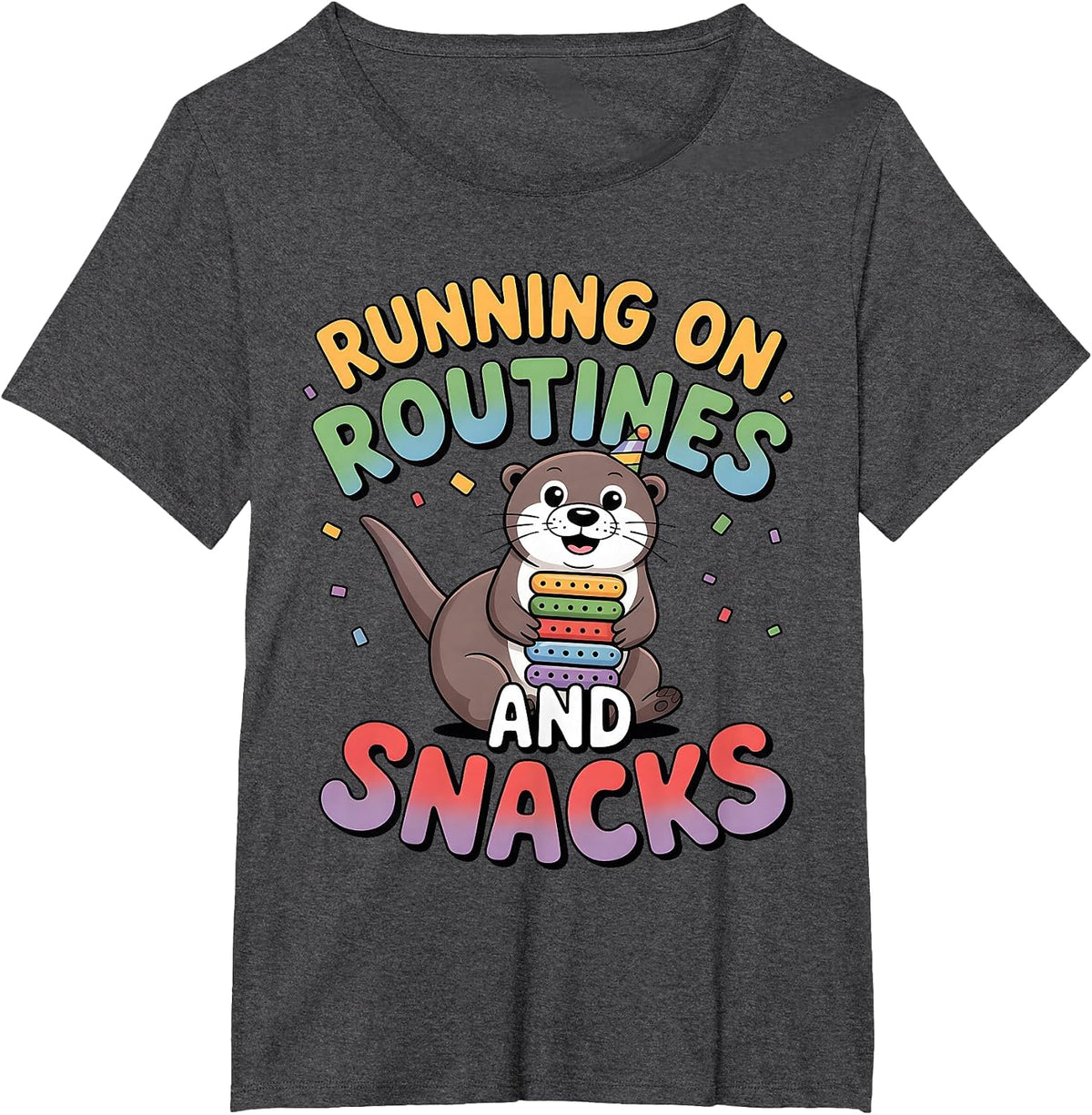 Running On Autism Routines and Snacks Otter Funny Autistic T-Shirt - Dark Heather Grey