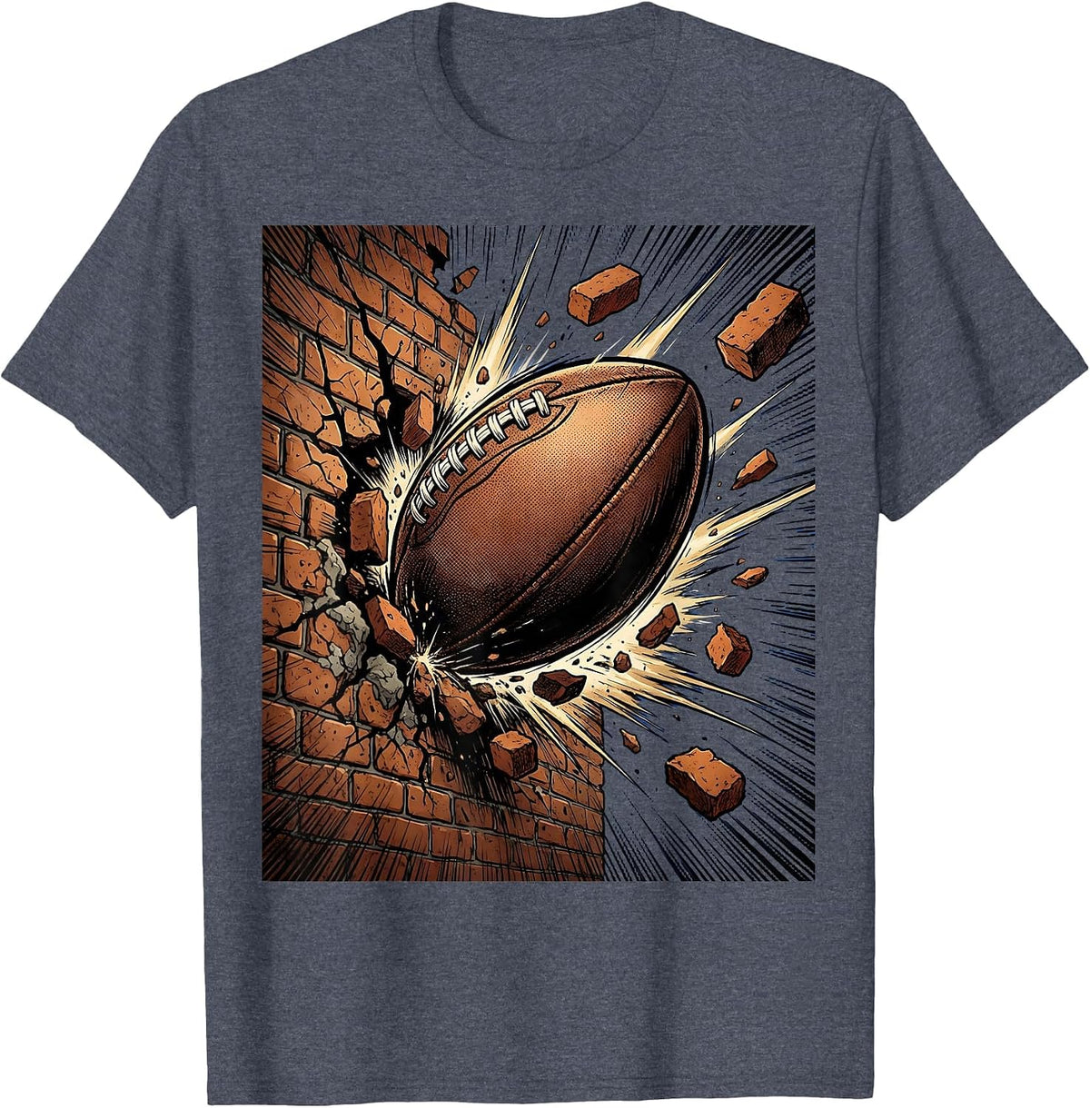 Rugby Ball Smashing Through Brick Wall Graphic T-Shirt - Heather Blue