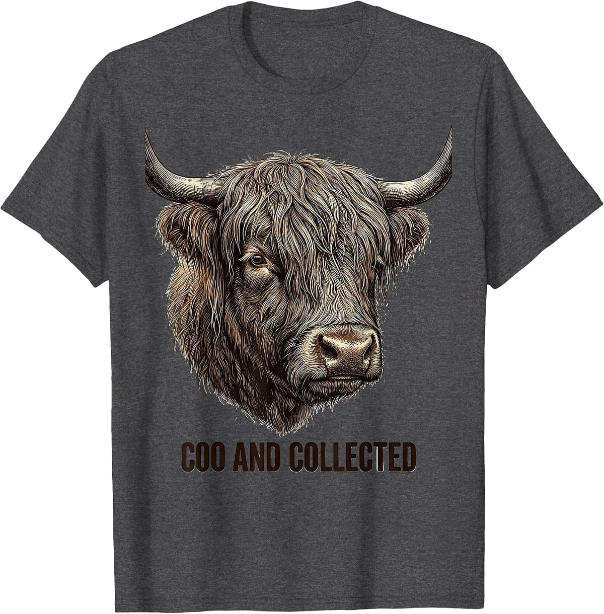 Coo And Collected Crosshatch Etching Highland Cow Humor T-Shirt - Dark Heather Grey