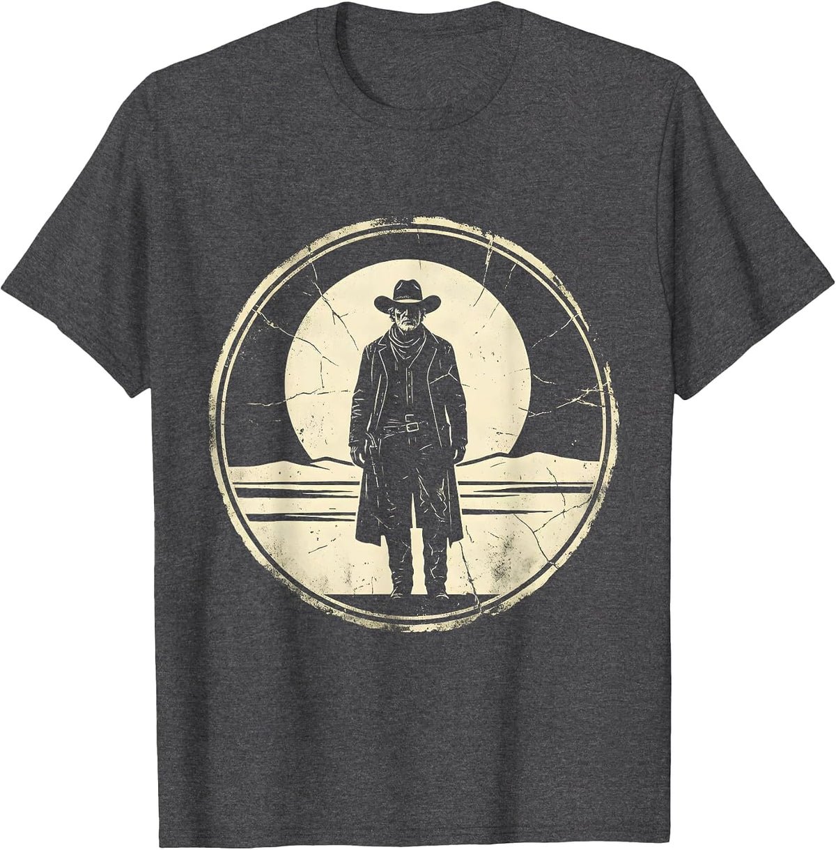 Lone Cowboy Silhouette Desert Sunset Graphic T-Shirt - Dark Heather Grey