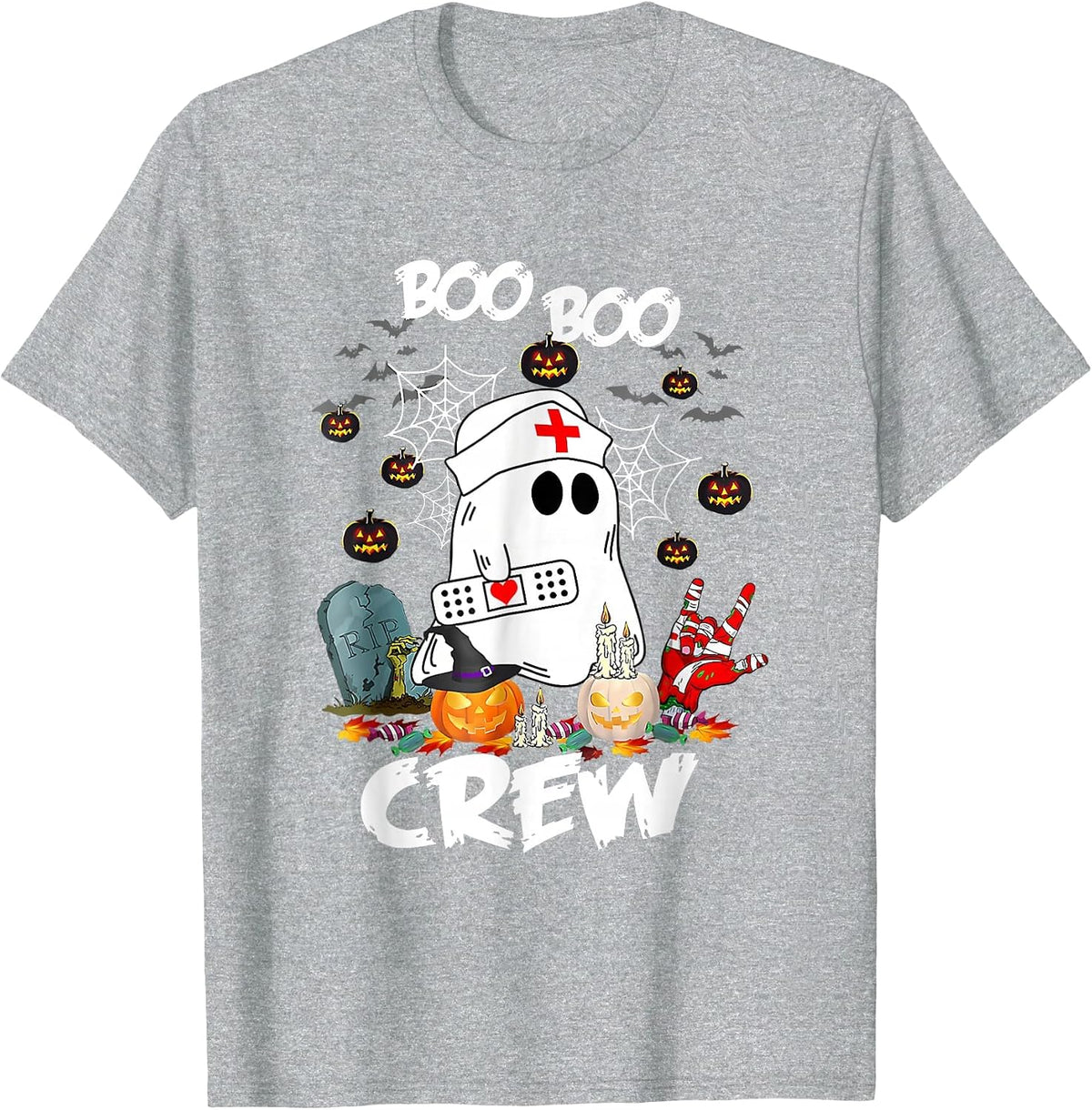 Boo Boo Crew Ghost Nurse Retro Halloween Nursing T-Shirt - Heather Grey