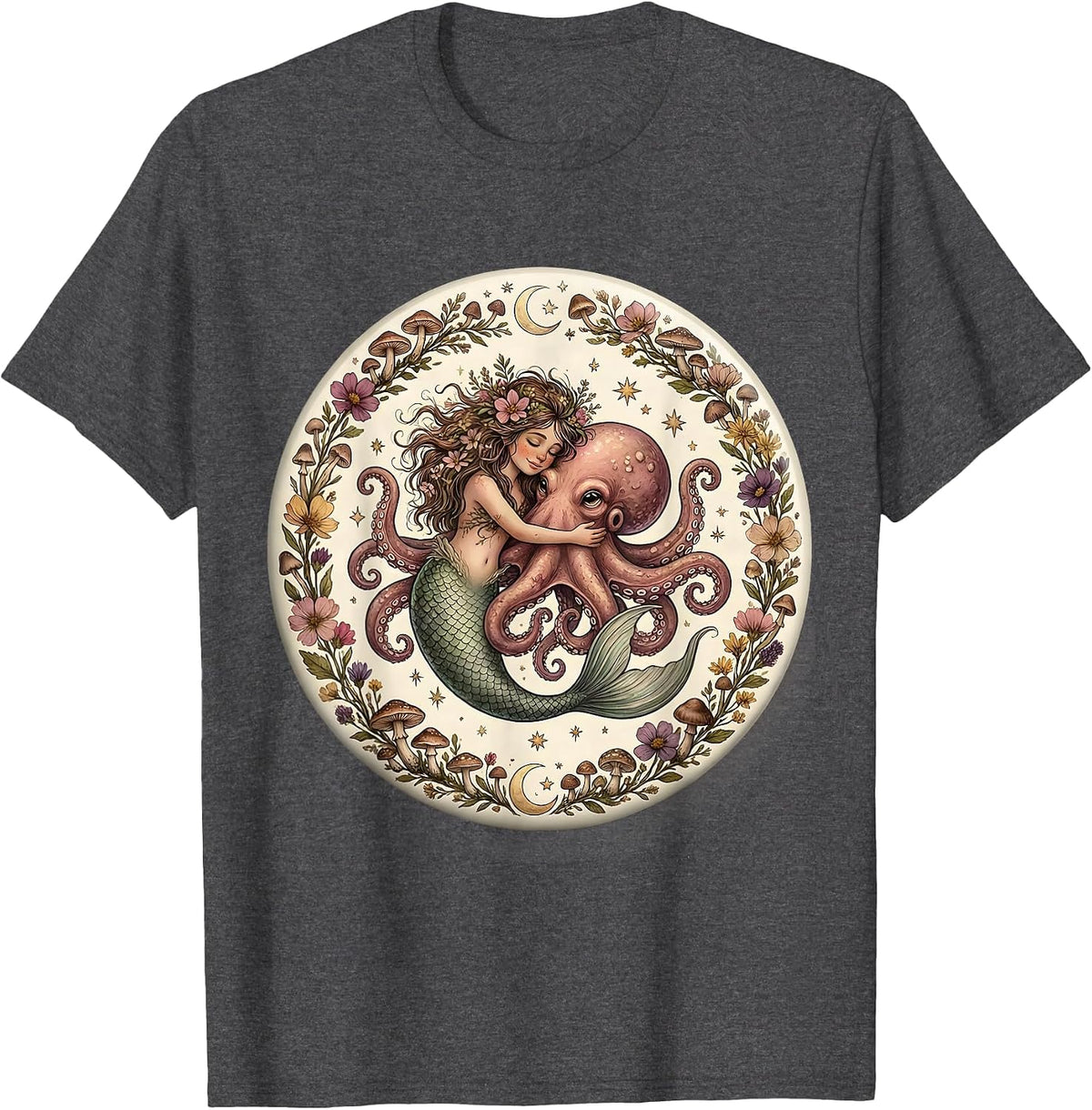 Mermaid vs Giant Octopus Epic Ocean Battle T-Shirt - Dark Heather Grey