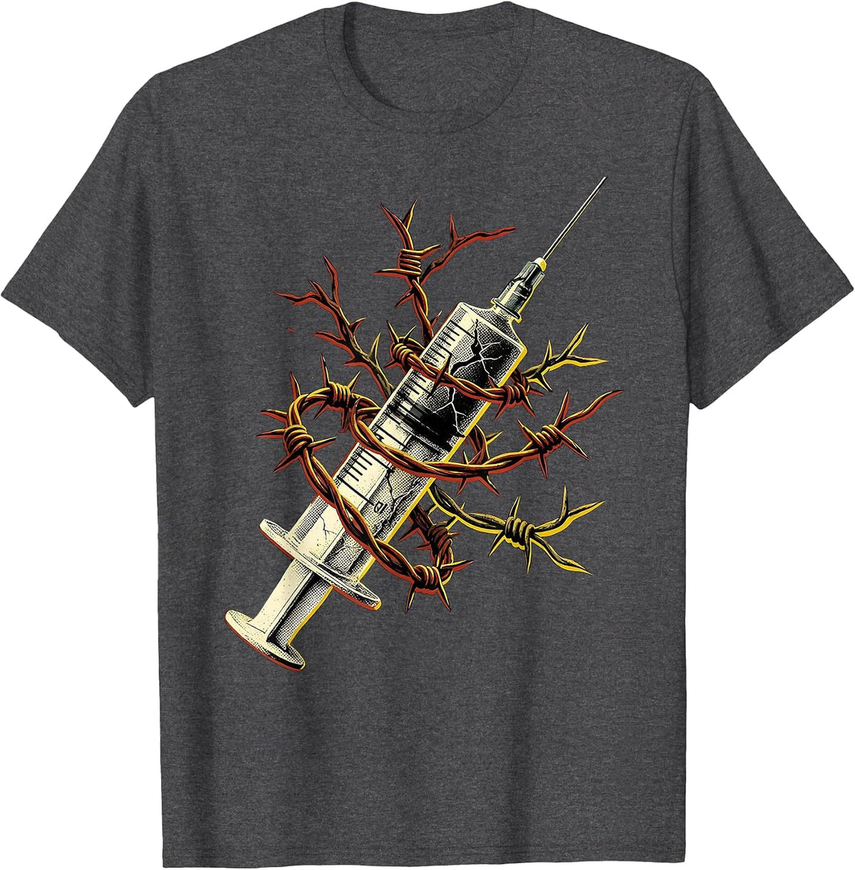 Grunge Syringe Barbed Wire Dark Art Design T-Shirt - Dark Heather Grey