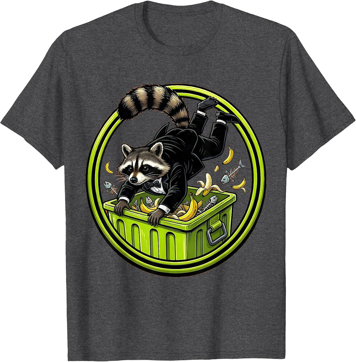 Fancy Raccoon Dumpster Diving Tuxedo Illustration T-Shirt - Dark Heather Grey