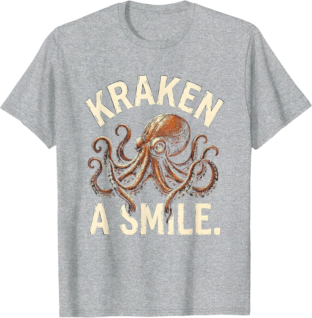 Men's Kraken A Smile Linocut Octopus Lover Marine Biology Humor T-Shirt - Heather Grey