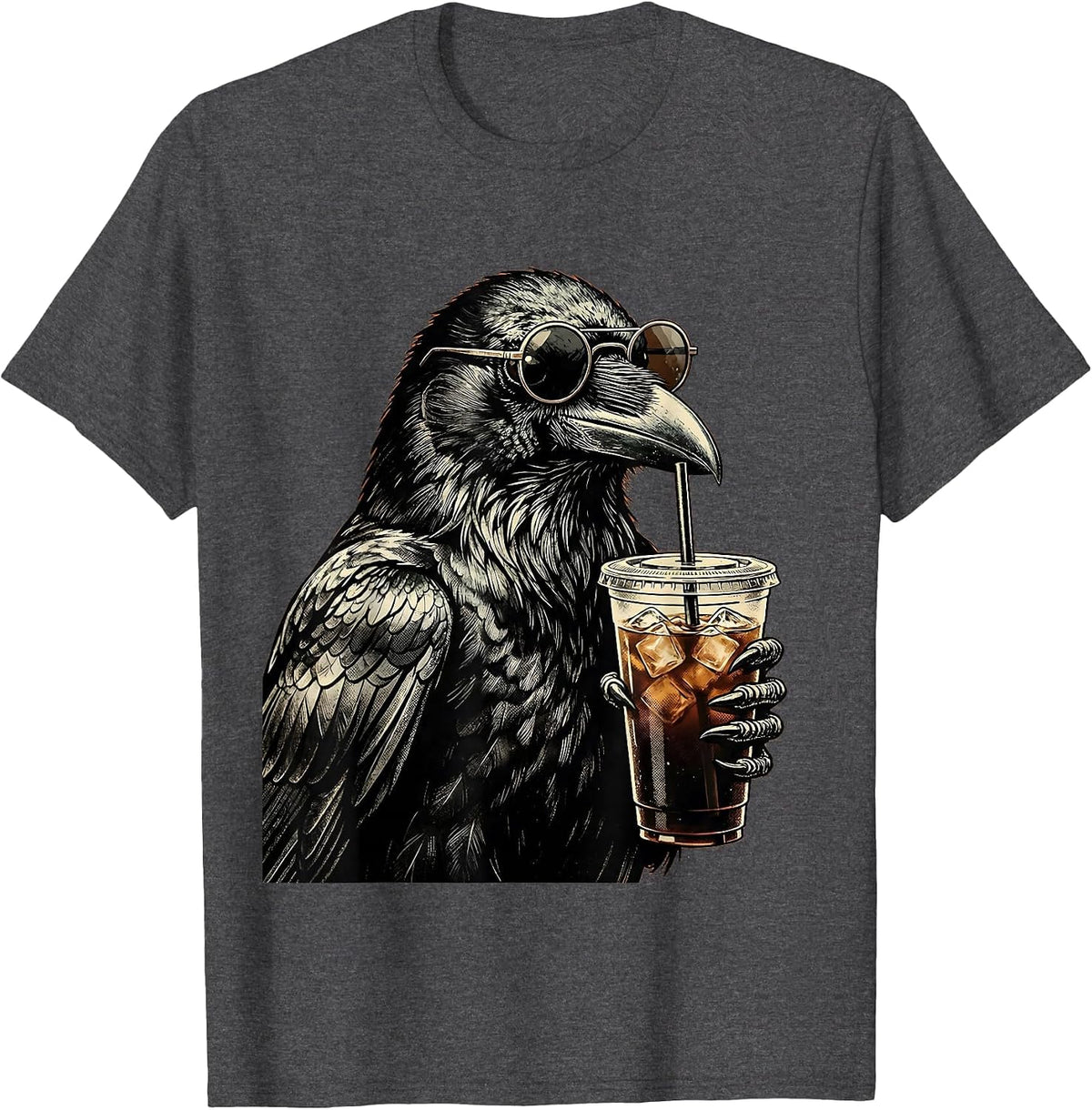 Men's Cool Crow in Sunglasses Drinking Iced Coffee T-Shirt - Dark Heather Grey
