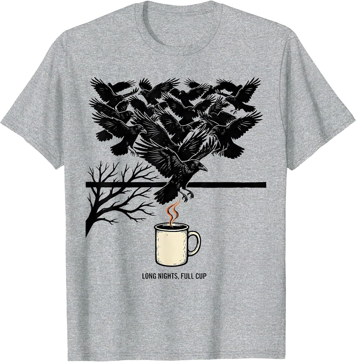Men's Long Nights, Full Cup Gothic Crow Coffee Halloween Season T-Shirt - Heather Grey