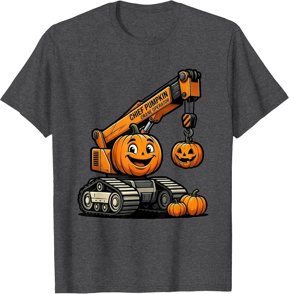 Men's Chief Pumpkin Crane Operator Funny Construction Truck T-Shirt - Dark Heather Grey