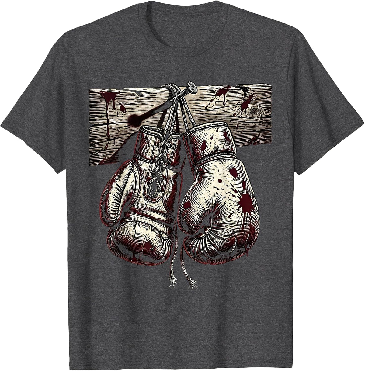Men's Bloodied Boxing Gloves Hanging From Nail T-Shirt - Dark Heather Grey