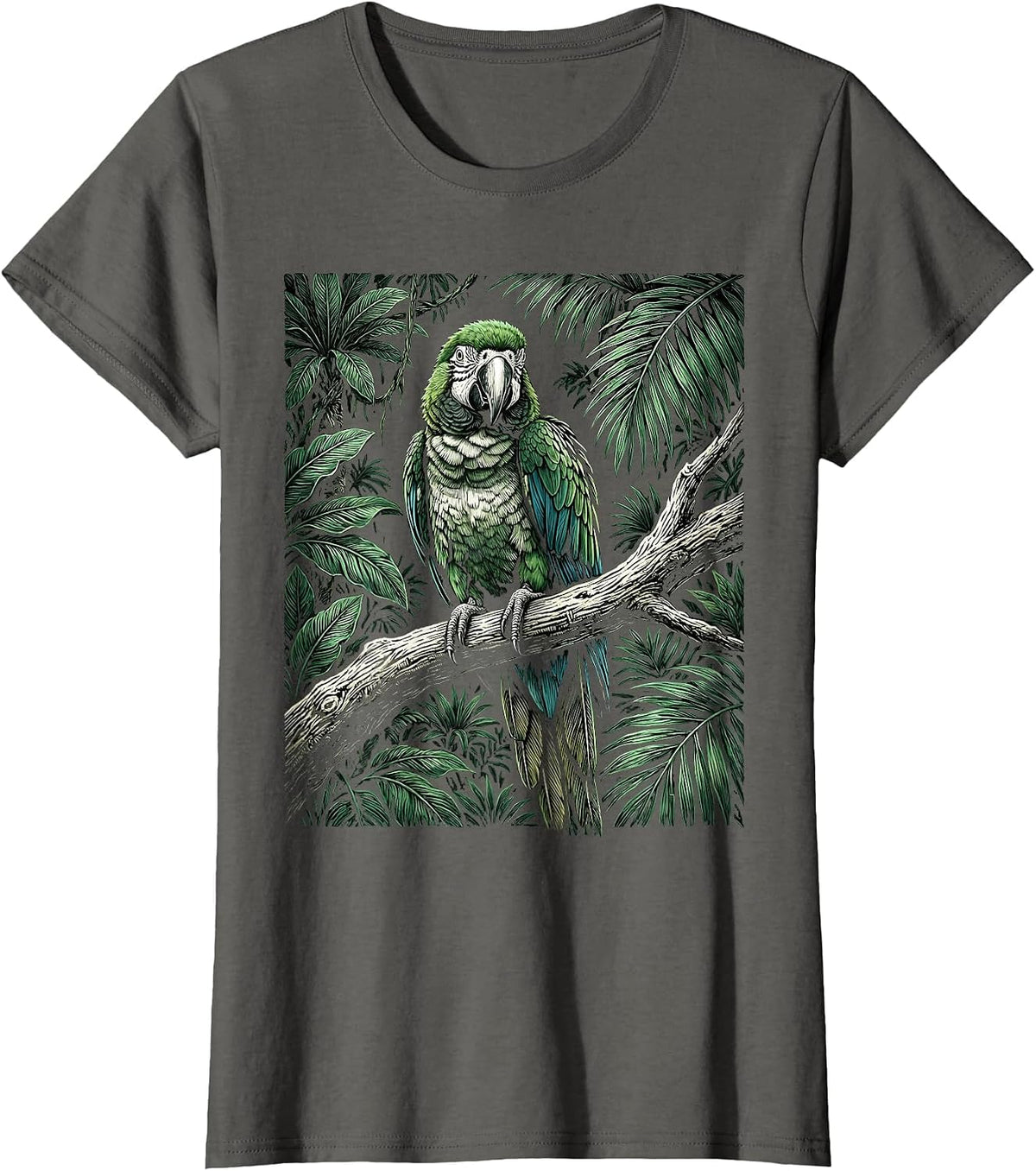 Women's Parakeet on Tropical Jungle Branch Illustration T-Shirt - Asphalt Grey
