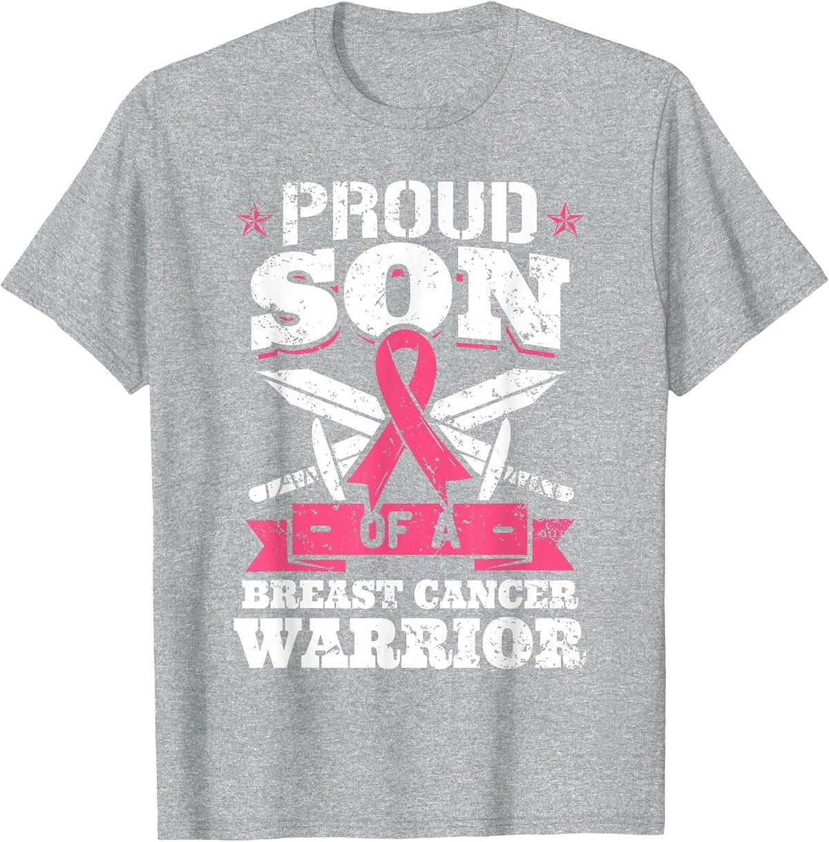Proud Son of Breast Cancer Warrior Pink Awareness Ribbon T-Shirt - Heather Grey