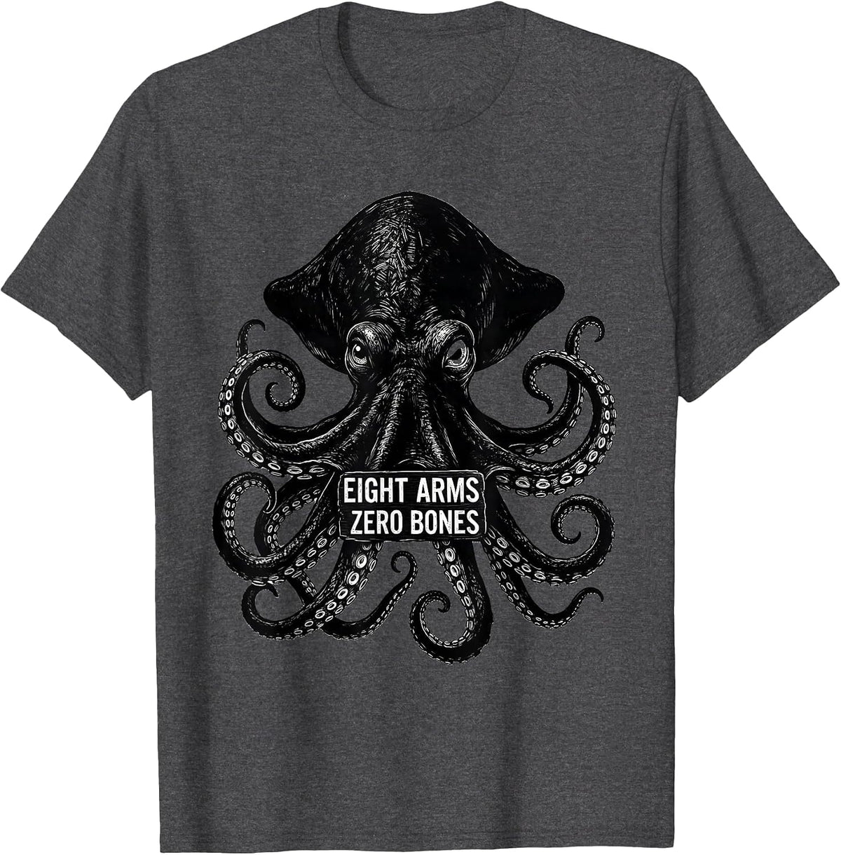 Eight Arms, Zero Bones Scratchboard Octopus Sea Creature T-Shirt - Dark Heather Grey