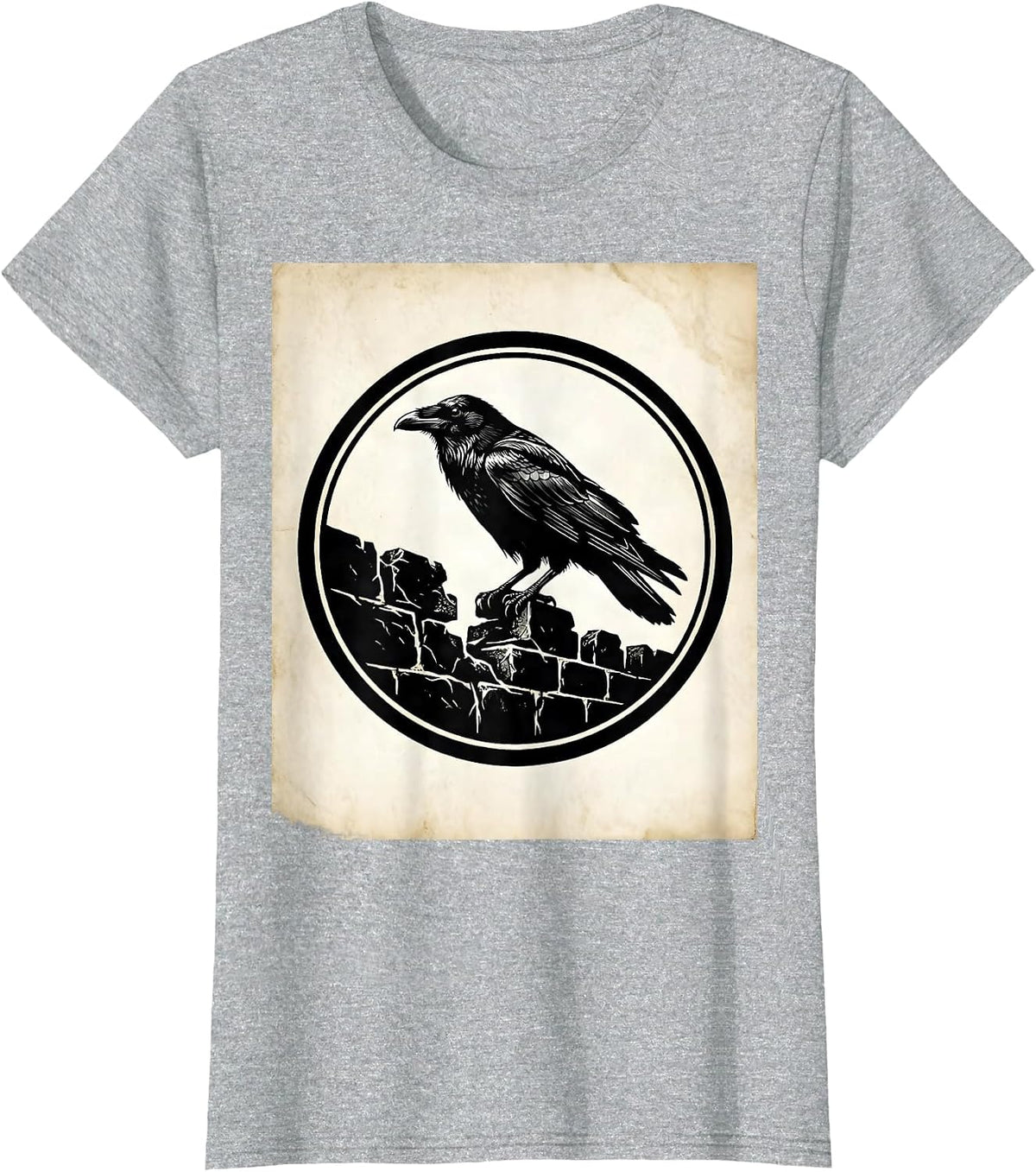 Women's Crow Perched on Crumbling Stone Wall T-Shirt - Heather Grey